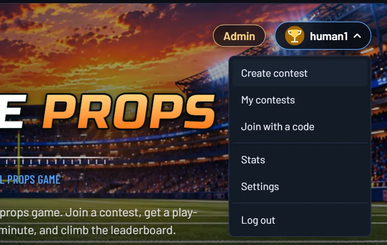 The account menu with Create contest, My contests, Join with a code, Stats, Settings and Log out