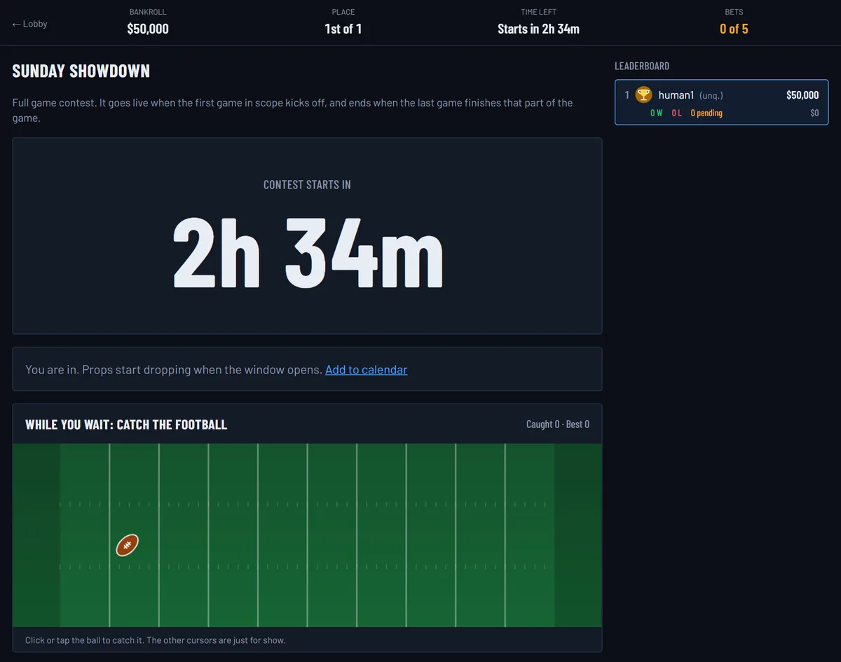 A contest page before the start, with a countdown, your bankroll, the leaderboard and a football game to play while you wait