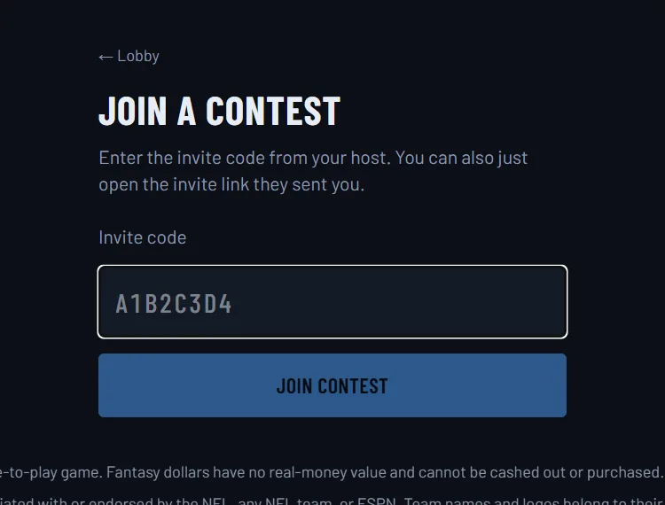 The Join a contest page with a box for an invite code