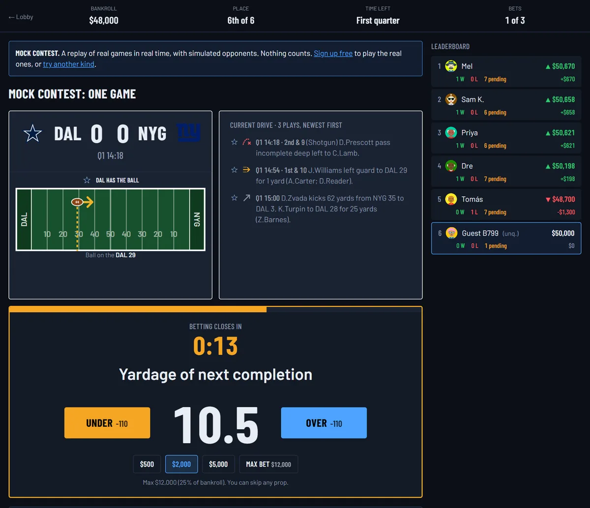 A live contest: the scoreboard, the latest plays, a field graphic, a prop open with a betting countdown and the leaderboard