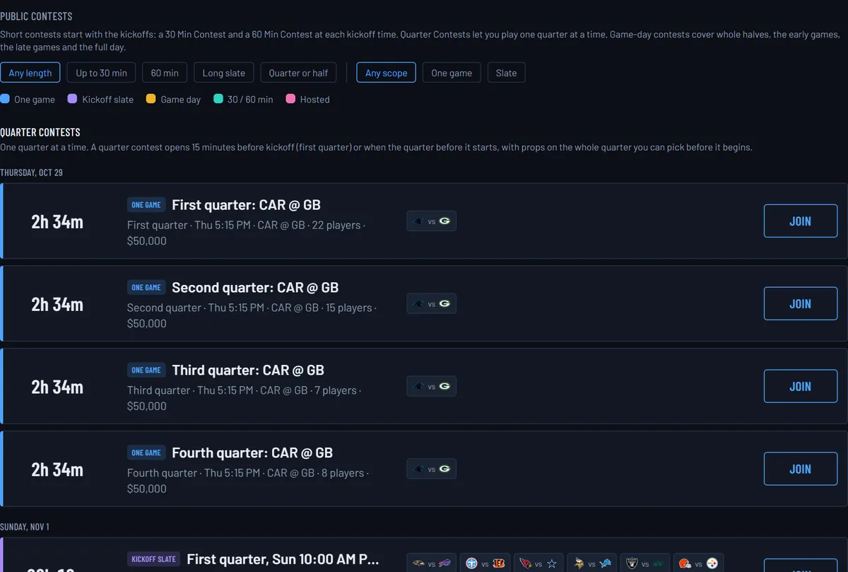 The lobby: a list of contests with start times, games, player counts and Join buttons